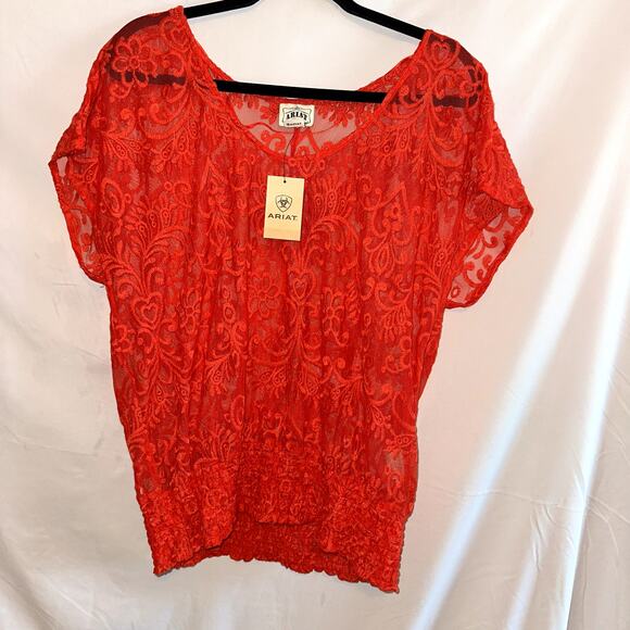 Ariat Women's XL Medallion Top Fiery Red Lace Cap Sleeve Shirt Elastic Waist NWT - Picture 1 of 11